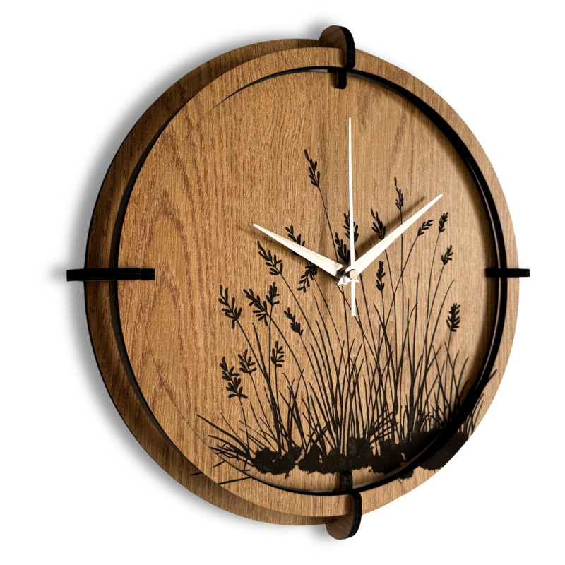 Wanduhr aus Holz, Wiesengras, Eiche