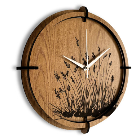Wanduhr aus Holz, Wiesengras, Eiche