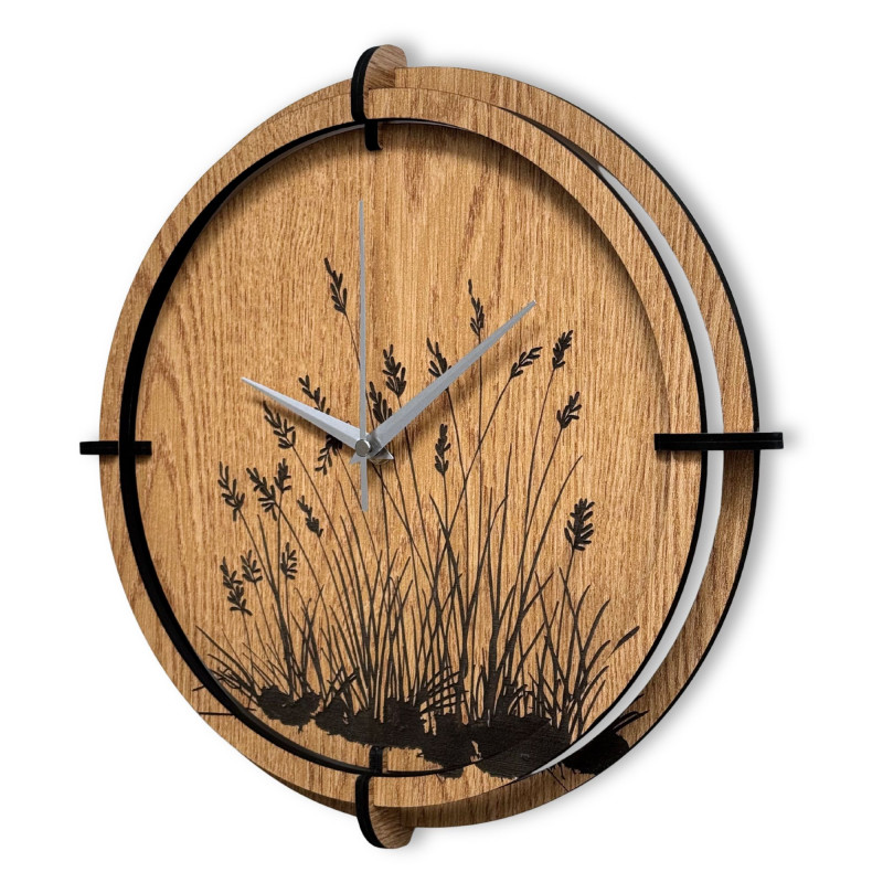 Wanduhr aus Holz, Wiesengras, Eiche