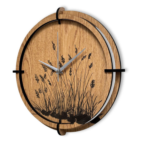 Wanduhr aus Holz, Wiesengras, Eiche