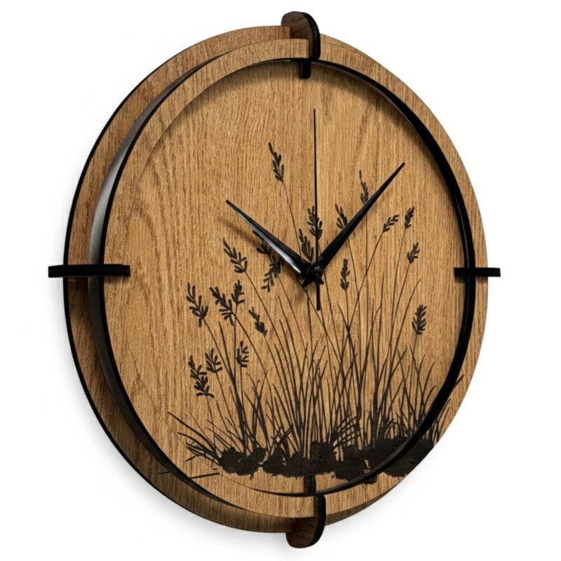Wanduhr aus Holz, Wiesengras, Eiche