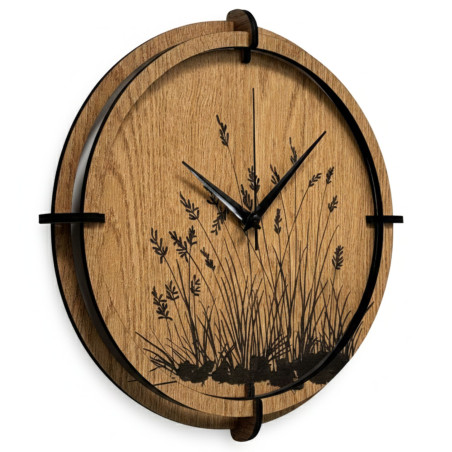 Wanduhr aus Holz, Wiesengras, Eiche