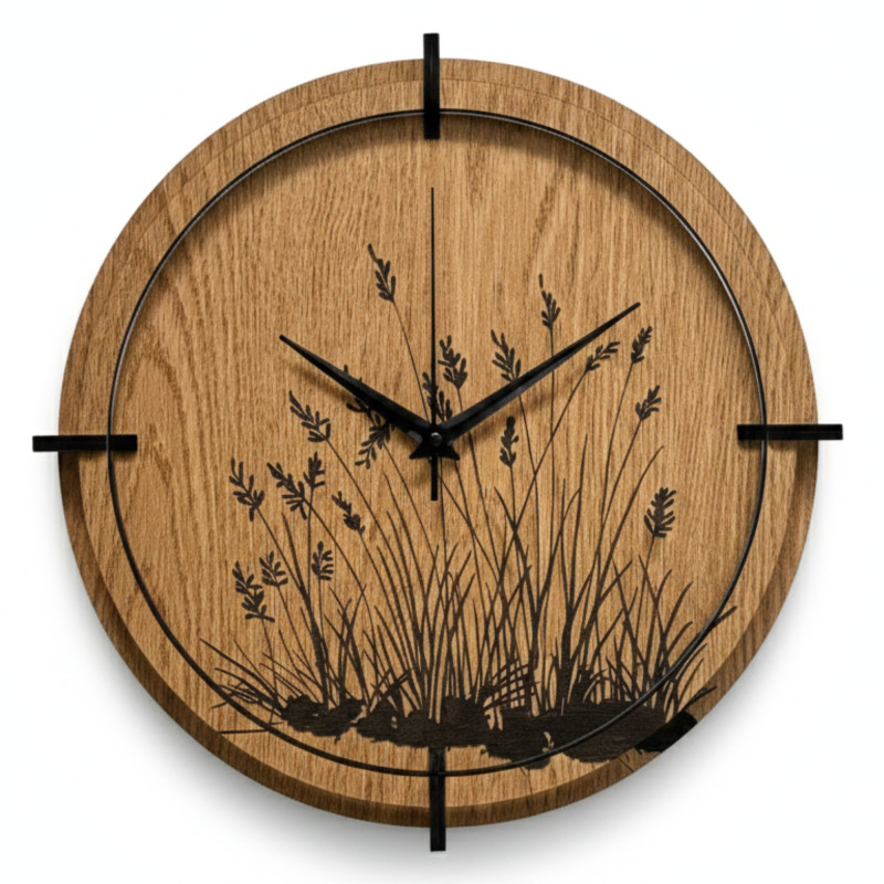 Wanduhr aus Holz, Wiesengras, Eiche