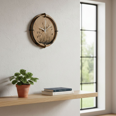 Wanduhr aus Holz, Wiesengras, Eiche