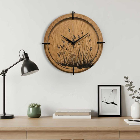 Wanduhr aus Holz, Wiesengras | Eiche
