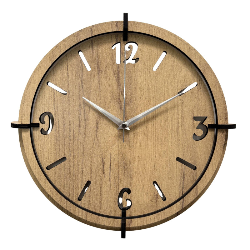 Moderne Wanduhr aus Holz in Eichenoptik mit schwarzen Ziffern.