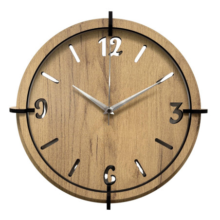 Moderne Wanduhr aus Holz in Eichenoptik mit schwarzen Ziffern.