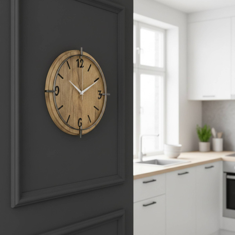 Stilvolle Wohnzimmeruhr aus Holz mit modernem, kontrastreichem Design.