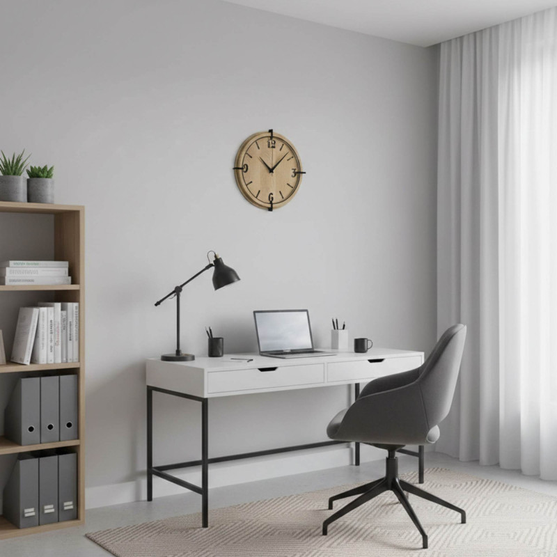 Elegante Wanduhr mit 3D-Zahlen, natürlicher Holzmaserung und modernem Look.