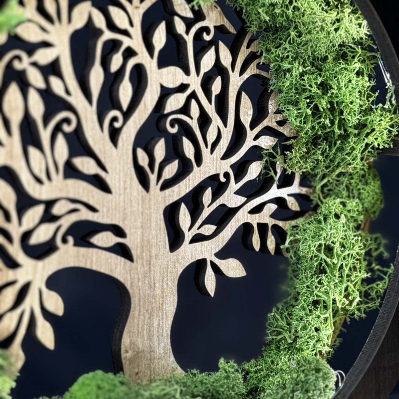 Nahaufnahme eines hinterleuchteten, hölzernen Lebensbaums, umgeben von Moos.