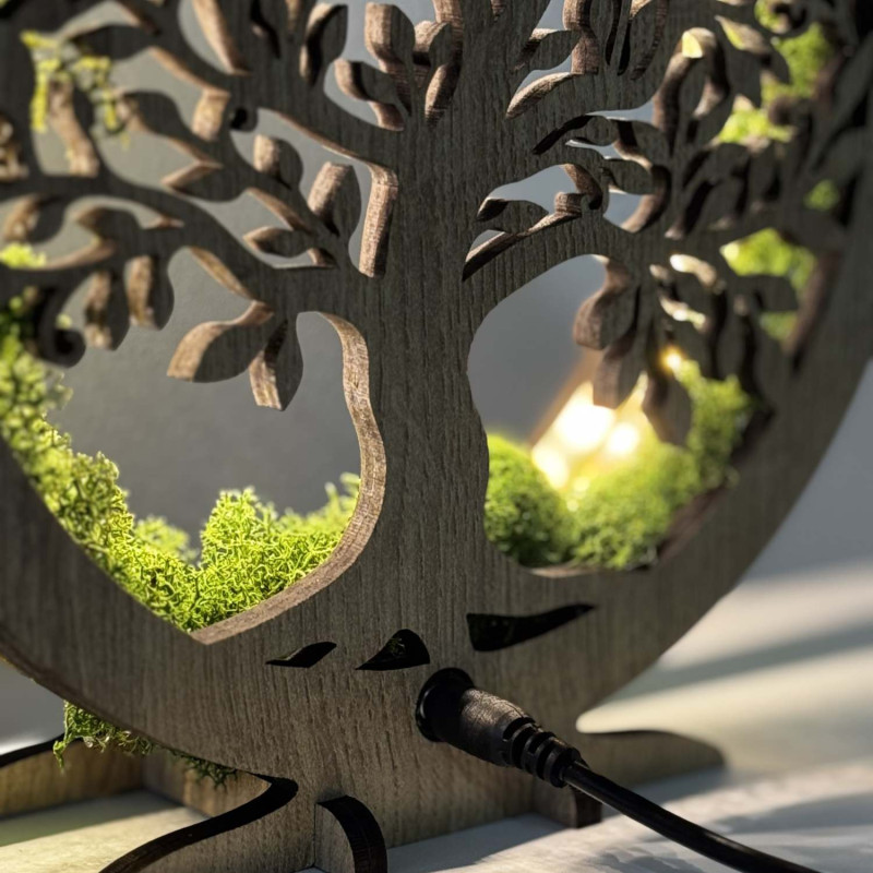 Nahaufnahme eines hinterleuchteten, hölzernen Lebensbaums, umgeben von Moos.