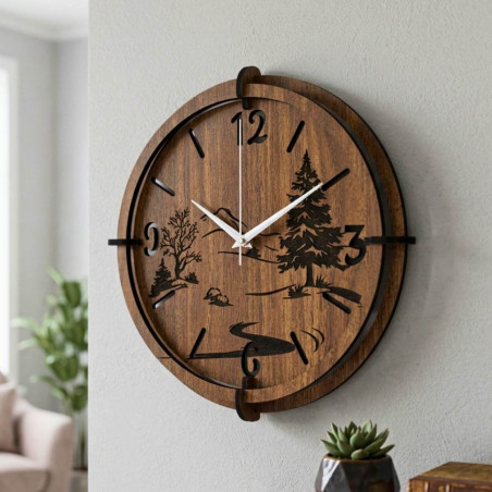 Wanduhr aus Holz mit Naturmotiv | Wenge-Walnuss
