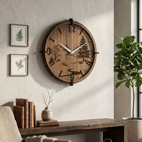 Wanduhr aus Holz mit Naturmotiv | Wenge-Walnuss