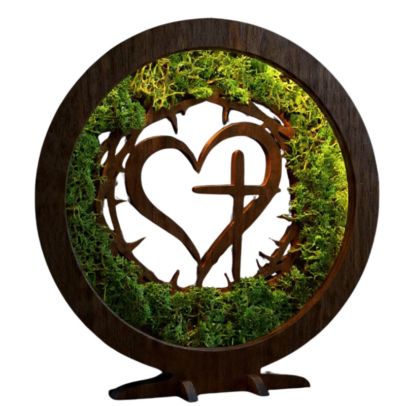 Stilvolle Dekoration mit spirituellem Motiv. LED-Lampe mit Moos in elegantem Walnussdekor.