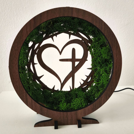 Suchen Sie ein einzigartiges Geschenk? Eine LED-Lampe mit Moos und einem christlichen Symbol ist die perfekte Wahl.