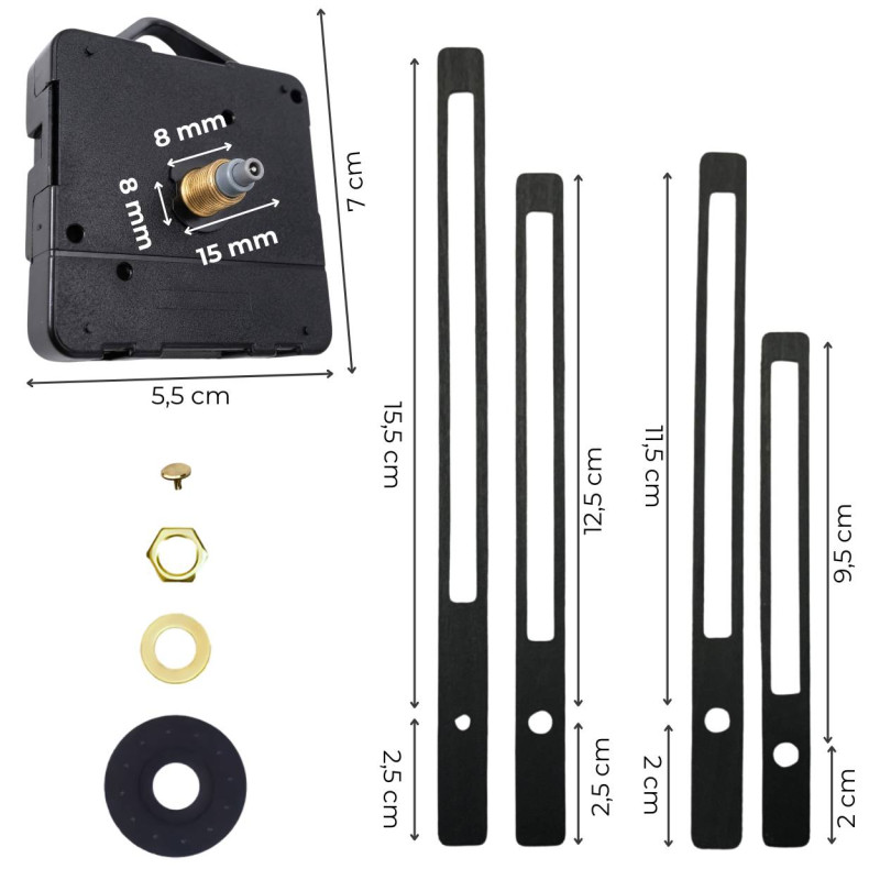 Größere und kleinere schwarze Uhrzeiger für DIY-Uhren und Dekorationen.
