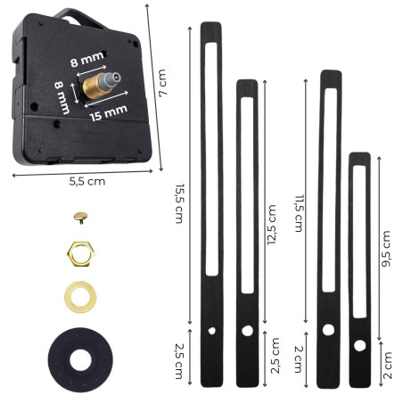 Größere und kleinere schwarze Uhrzeiger für DIY-Uhren und Dekorationen.