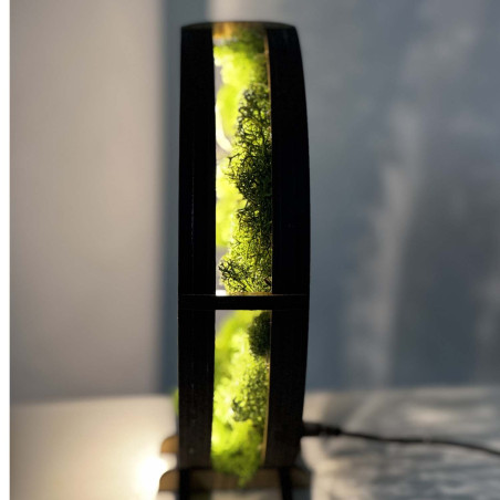 Nahaufnahme eines hinterleuchteten, hölzernen Lebensbaums, umgeben von Moos.