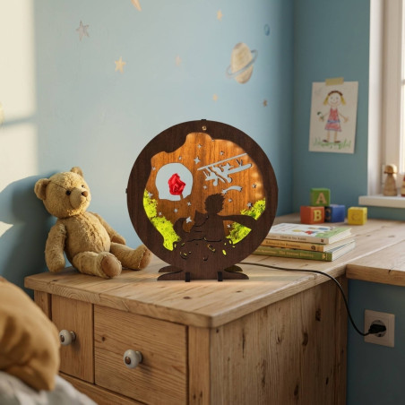 LED-Dekoration „Kleiner Prinz mit Flugzeug“ | Wenge-Walnuss