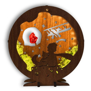 LED-Dekoration „Kleiner Prinz mit Flugzeug“ | Wenge-Walnuss