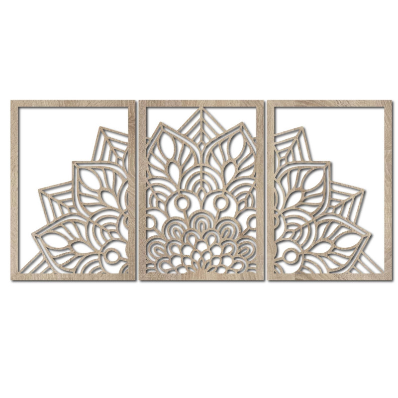 Verschönern Sie Ihre Wände mit einem dreiteiligen Mandala und einer Uhr aus HDF. Eleganz bis ins kleinste Detail.