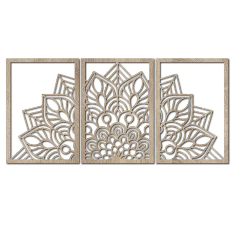 Verschönern Sie Ihre Wände mit einem dreiteiligen Mandala und einer Uhr aus HDF. Eleganz bis ins kleinste Detail.