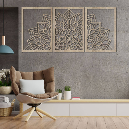 Verschönern Sie Ihre Wände mit einem dreiteiligen Mandala und einer Uhr aus HDF. Eleganz bis ins kleinste Detail.