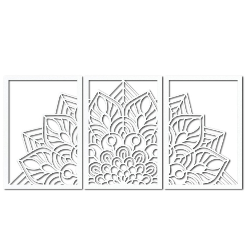 Verschönern Sie Ihre Wände mit einem dreiteiligen Mandala und einer Uhr aus HDF. Eleganz bis ins kleinste Detail.