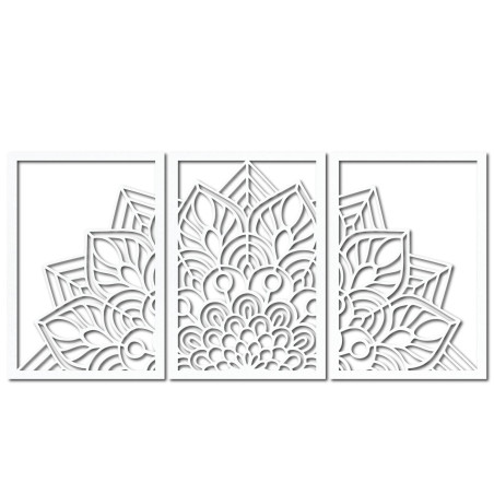 Verschönern Sie Ihre Wände mit einem dreiteiligen Mandala und einer Uhr aus HDF. Eleganz bis ins kleinste Detail.