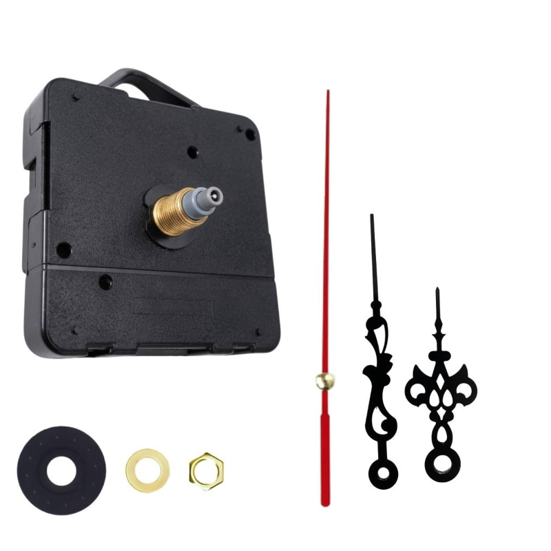 Schwarze Design-Zeiger aus Aluminium für Wanduhren mit einem markanten roten Sekundenzeiger.