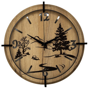 Moderne Wanduhr mit Wald- und Berglandschaftsmotiv