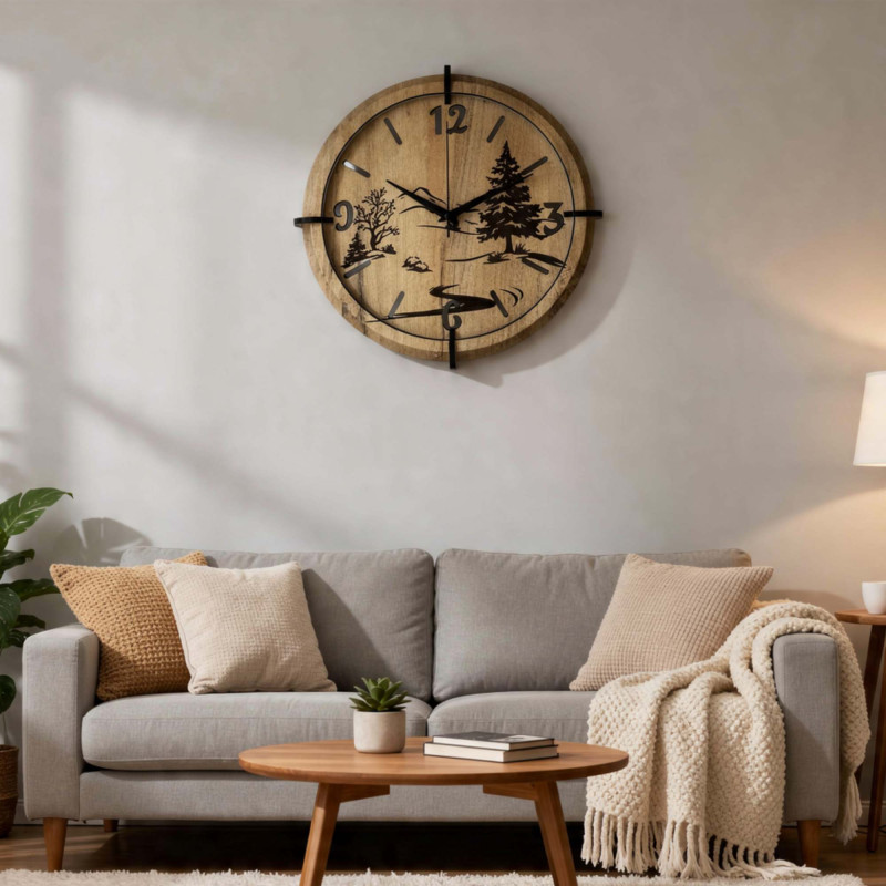 Moderne Wanduhr mit Wald- und Berglandschaftsmotiv