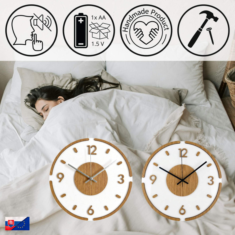 Moderne Wanduhr aus Holz und Weiß – 3D-Eichendekor