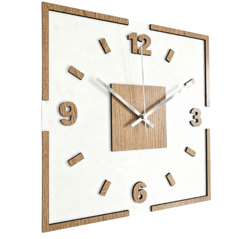 Quadratische Wanduhr aus Holz, Kombination aus Eiche und Weiß, 3D-Design