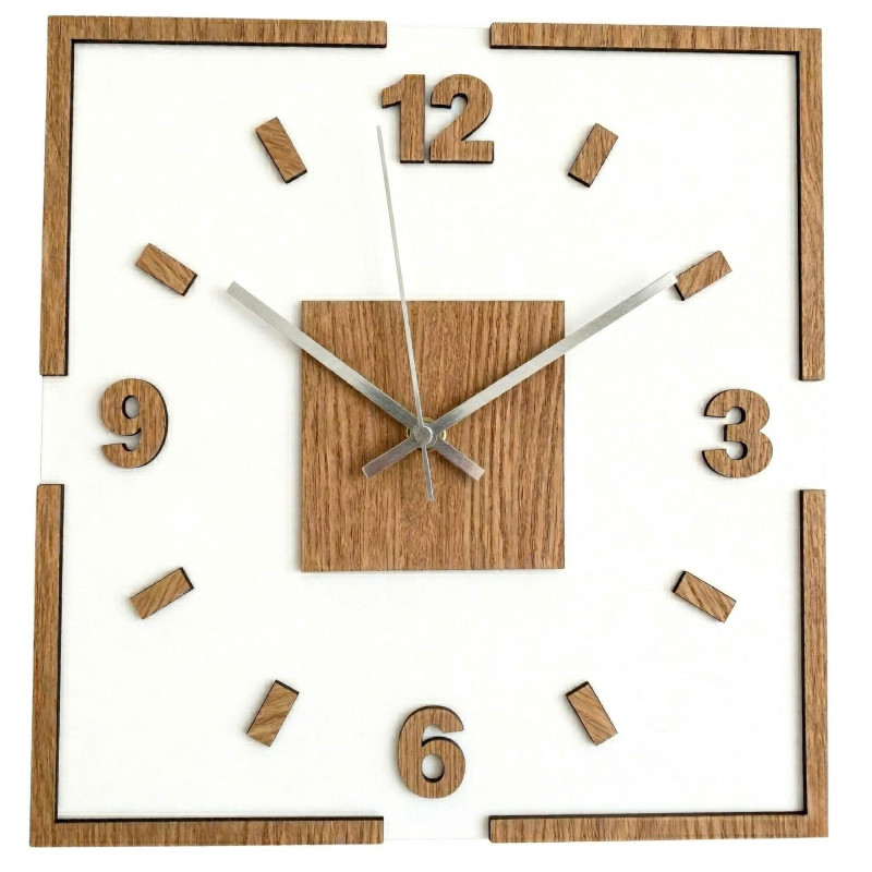 Quadratische Wanduhr aus Holz, Kombination aus Eiche und Weiß, 3D-Design