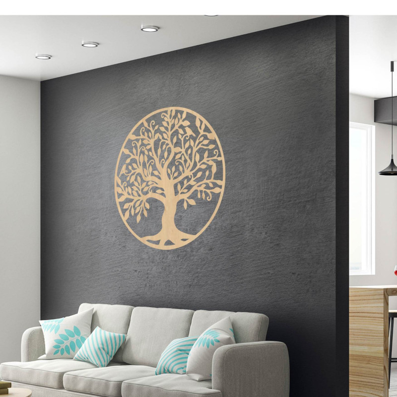 Natürliche Holzdekoration mit einem Motiv eines verzweigten Baumes und Blättern