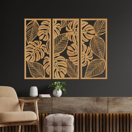 Verleihen Sie Ihrem Interieur mit unserem dreiteiligen Wandbild aus Holz mit Monstera-Motiv neuen Schwung.