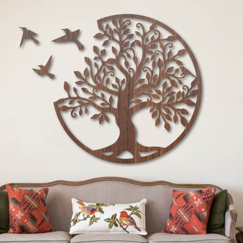 Holzwanddekoration Lebensbaum mit Vögeln - ein Symbol für Gleichgewicht, Frieden und die Kraft der Natur.