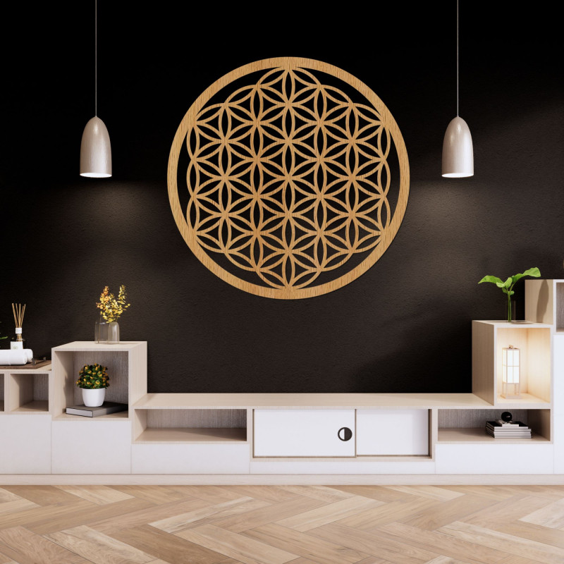 Wanddekoration aus Holz „Blume des Lebens“ mit detailliertem Mandala-Muster