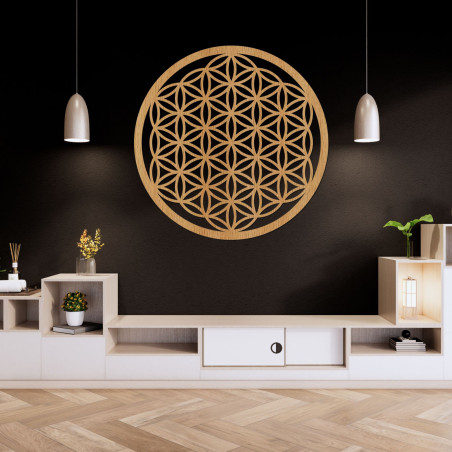 Wanddekoration aus Holz „Blume des Lebens“ mit detailliertem Mandala-Muster