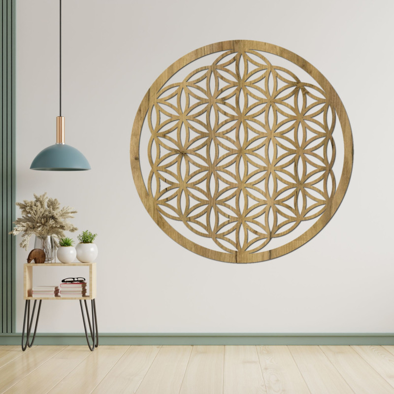 Wanddekoration aus Holz „Blume des Lebens“ mit detailliertem Mandala-Muster