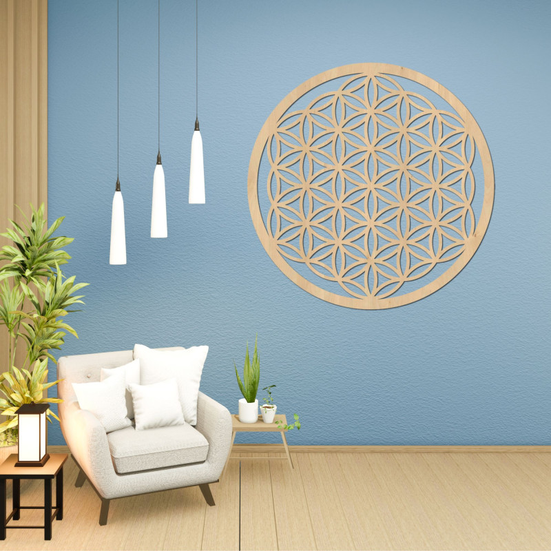 Hölzerne Mandala für die Wand mit dem heiligen Symbol der Blume des Lebens