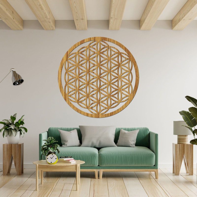 Hölzerne Mandala für die Wand mit dem heiligen Symbol der Blume des Lebens