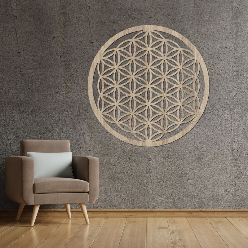 Hölzerne Mandala für die Wand mit dem heiligen Symbol der Blume des Lebens