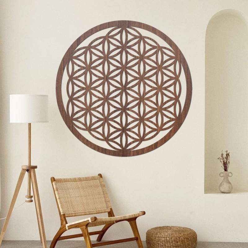 Hölzerne Mandala für die Wand mit dem heiligen Symbol der Blume des Lebens