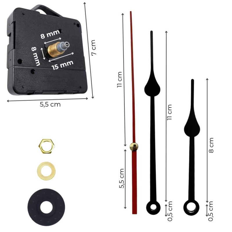 Präzise und leise schwarze tropfenförmige Aluminiumzeiger für Wanduhren mit Quarzwerk.