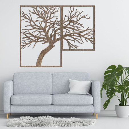 Das zweiteilige Gemälde zeigt einen eleganten Baum mit detailliert geschnitzten Ästen in warmen Holztönen.