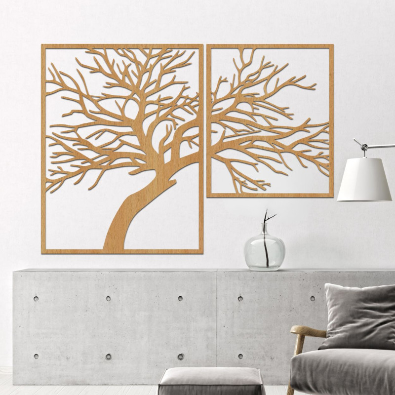 Zweiteiliges Holzbild „Baum des Lebens“ – ein einzigartiges Kunstwerk, das natürliche Schönheit, Ausgewogenheit und modernes Des