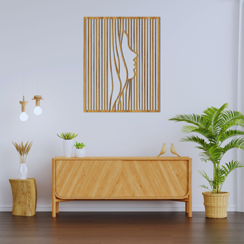 Holzbilder mit optischen Täuschungen und minimalistischem Design verleihen dem Interieur ein einzigartiges visuelles Erlebnis.