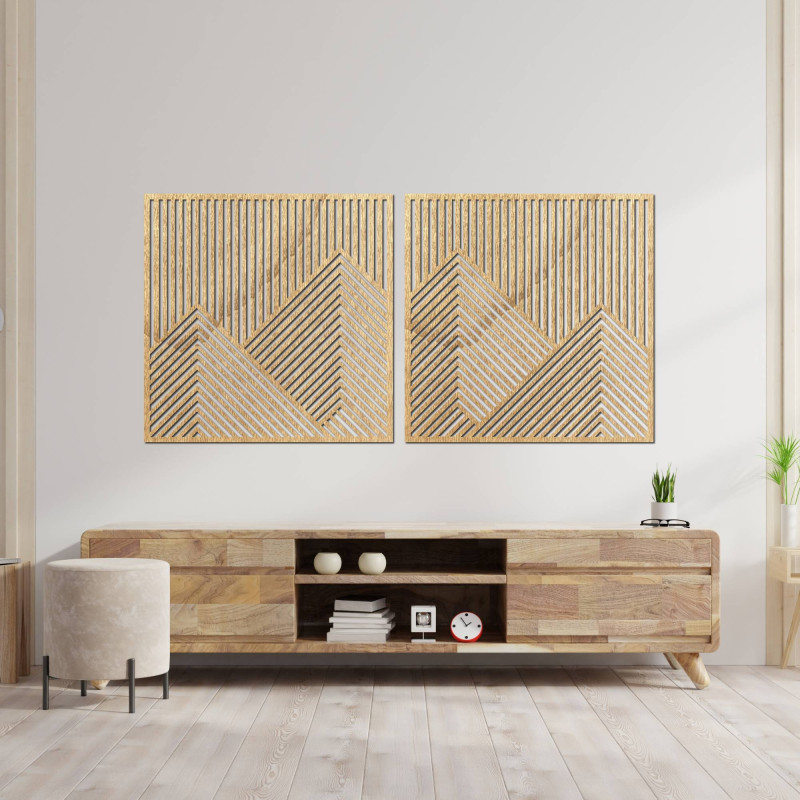 Modernes Bergmotiv aus Holz mit Lattenmuster für den Innenbereich